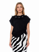 Floral Applique Round Neckline Side Twist Knot Top