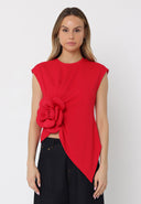 Sleeveless Flower Applique Sharp Asymmetrical Top