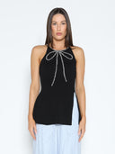 Rhinestone Bow Split Knit Halter Top
