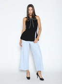 Rhinestone Bow Split Knit Halter Top