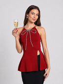 Rhinestone Bow Split Knit Halter Top