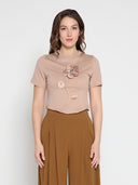 Flower Applique Short Sleeve Crew Neck Top