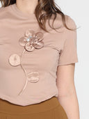 Flower Applique Short Sleeve Crew Neck Top