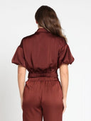 Puffed sleeve v-collar neck lace work top