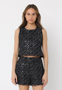 Sequin Work Tweed Crew Neck Sleeveless Top