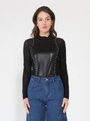 Pearl embellished pleather front mesh sleeve top