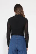 Pearl embellished pleather front mesh sleeve top