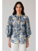Floral Print Front Tie Neck Puff Sleeve Top