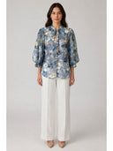 Floral Print Front Tie Neck Puff Sleeve Top