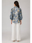 Floral Print Front Tie Neck Puff Sleeve Top