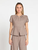 Tulip Sleeve Pleated Neckline Peplum Top