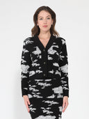 Cloud Print Button Open V-Neck Sweater