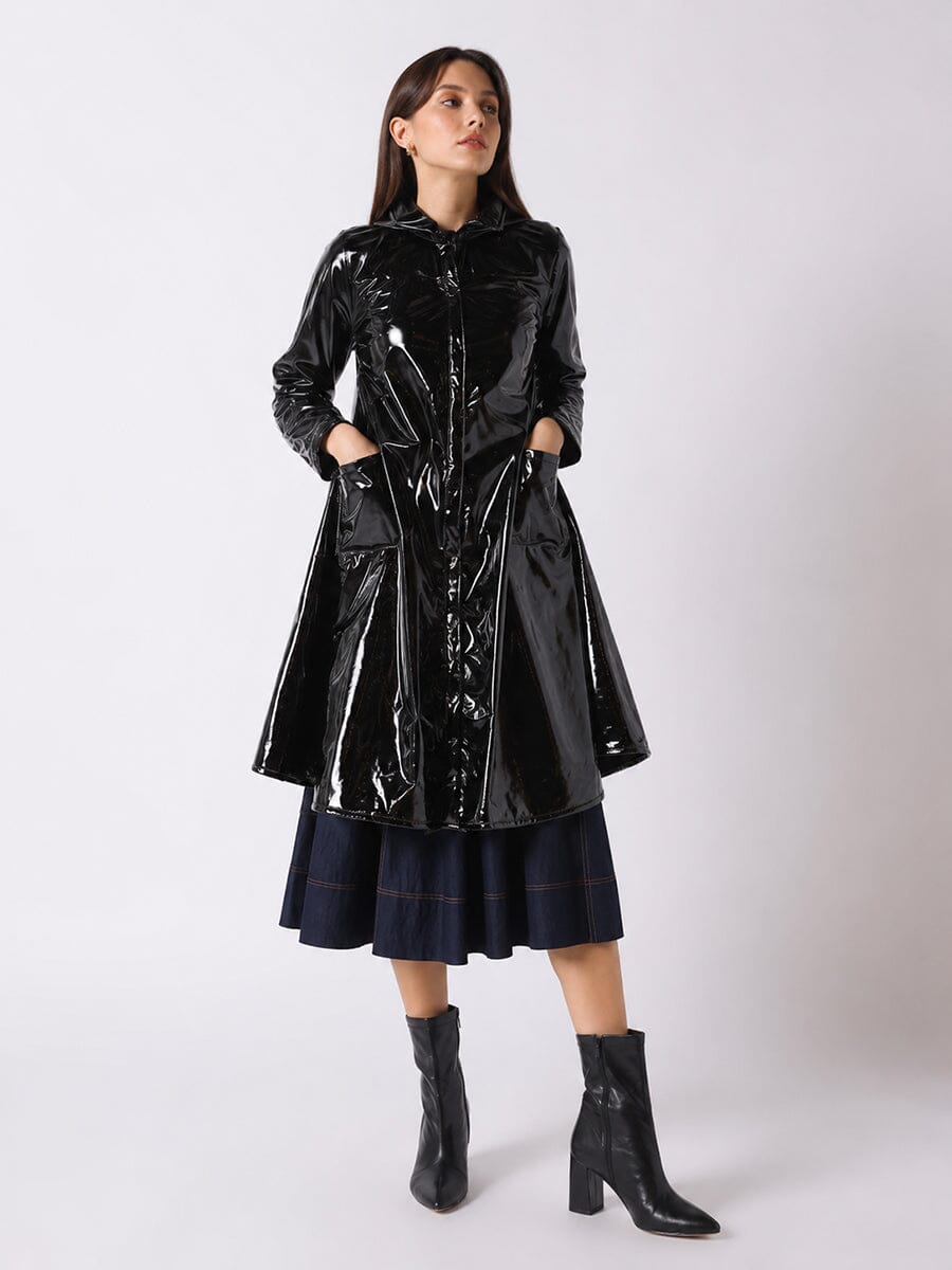 Gracia Fashion Women's A-Line Button-Down Vinyl Jacket with Hood