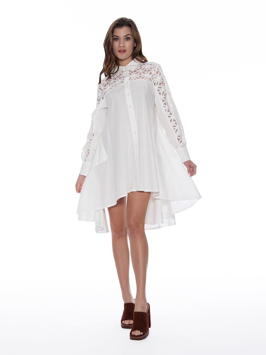A-Line Long Embroidered Trim Shirt DRESS Gracia Fashion WHITE S 