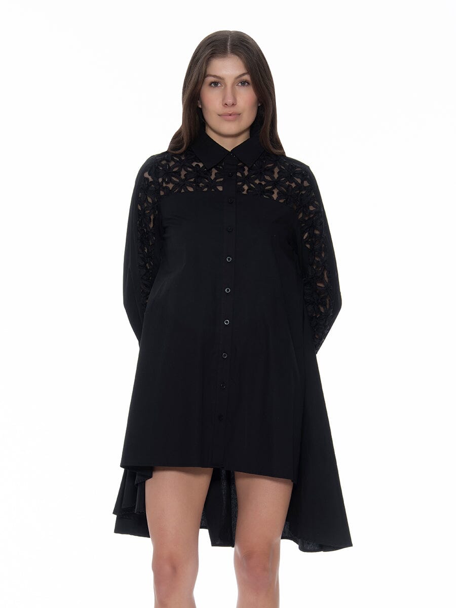 A-Line Long Embroidered Trim Shirt DRESS Gracia Fashion BLACK S 