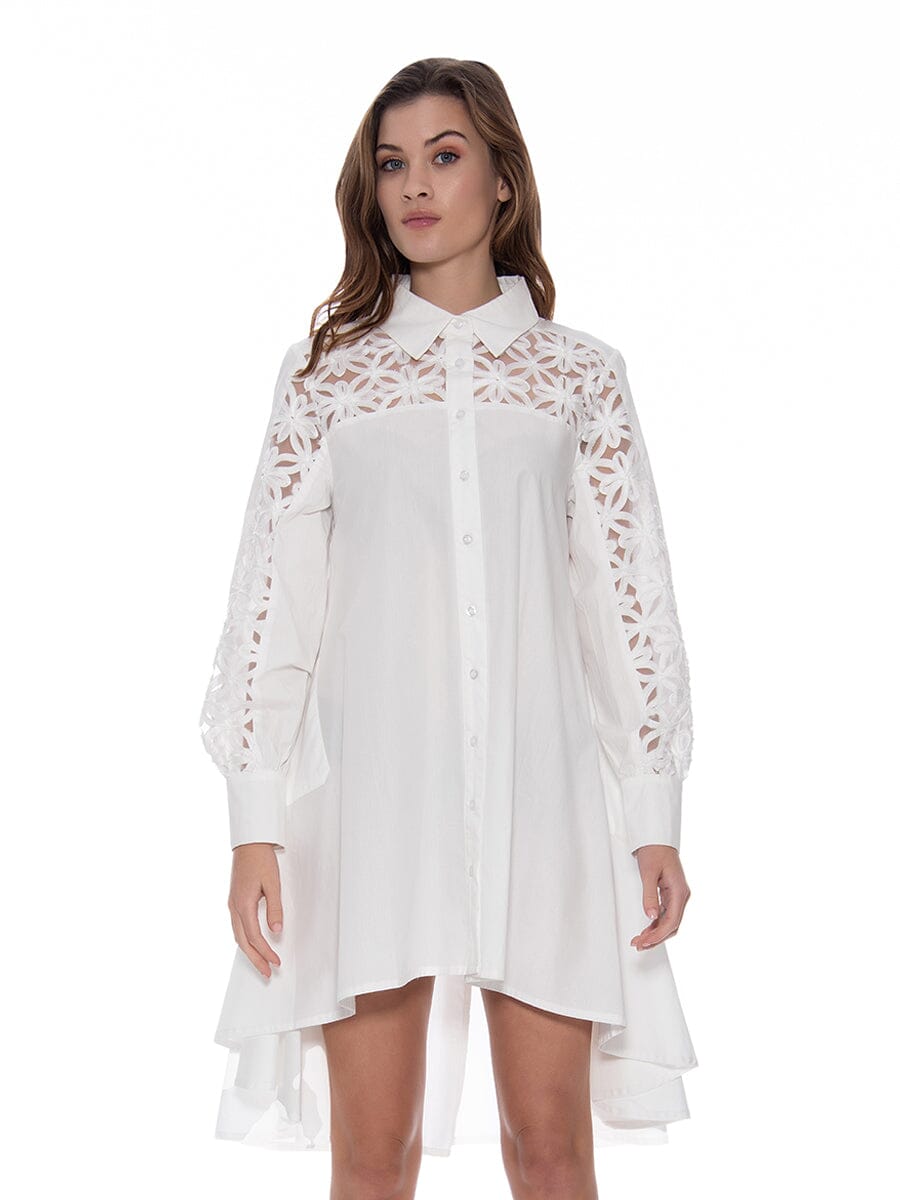 A-Line Long Embroidered Trim Shirt DRESS Gracia Fashion WHITE S 