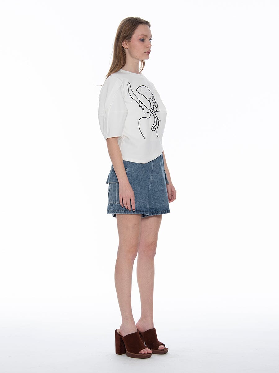 Abstract Face Embroidered Puff Sleeve Top TOP Gracia Fashion 