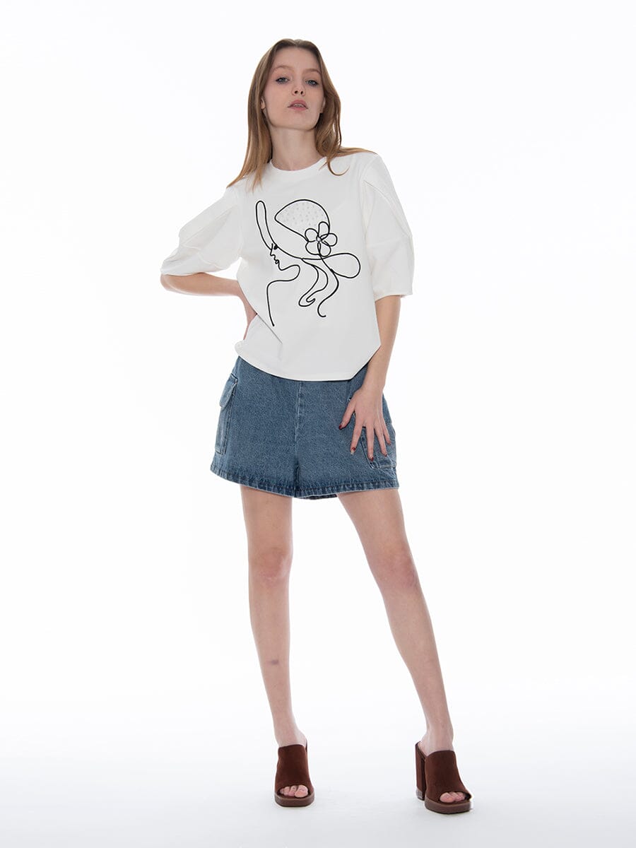 Abstract Face Embroidered Puff Sleeve Top TOP Gracia Fashion 