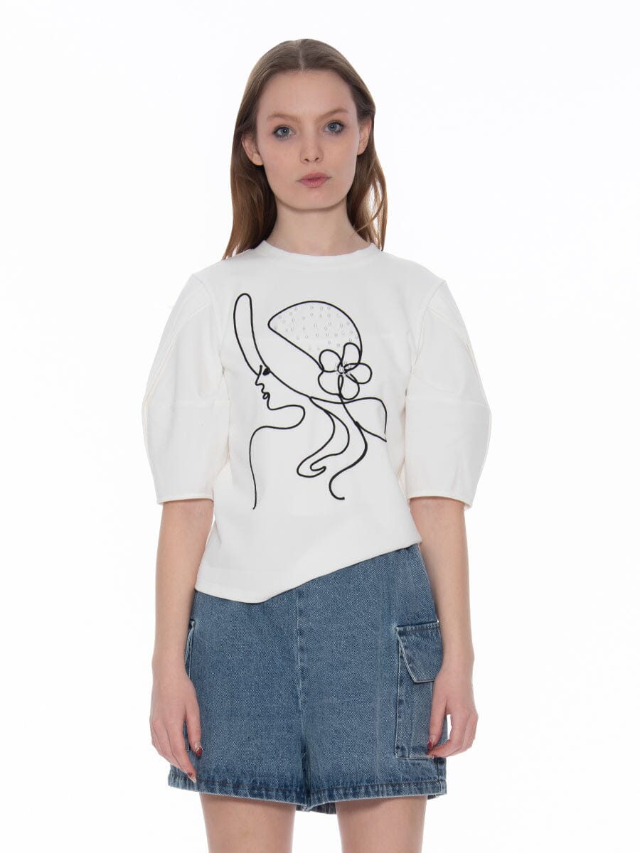Abstract Face Embroidered Puff Sleeve Top TOP Gracia Fashion WHITE S 