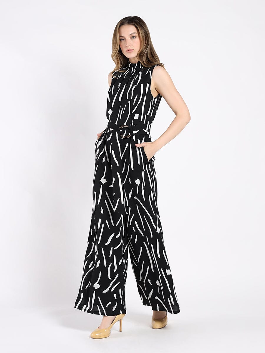 Abstract Print Flare Jump Suit with Waist Belt JUMPSUIT Gracia Fashion BLACK S 