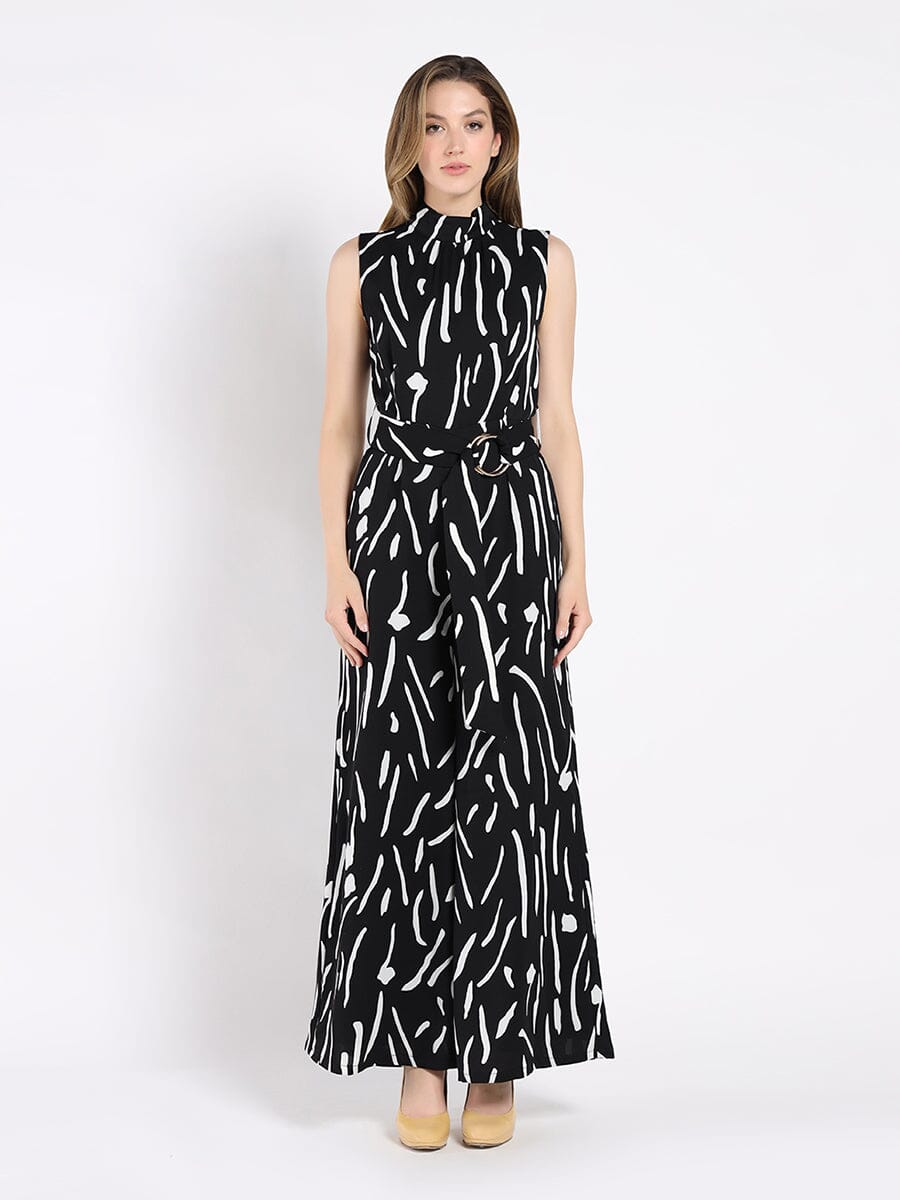 Abstract Print Flare Jump Suit with Waist Belt JUMPSUIT Gracia Fashion BLACK S 