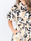 Allover Printed Shirt Collar & Belt Dress DRESS Gracia Fashion 