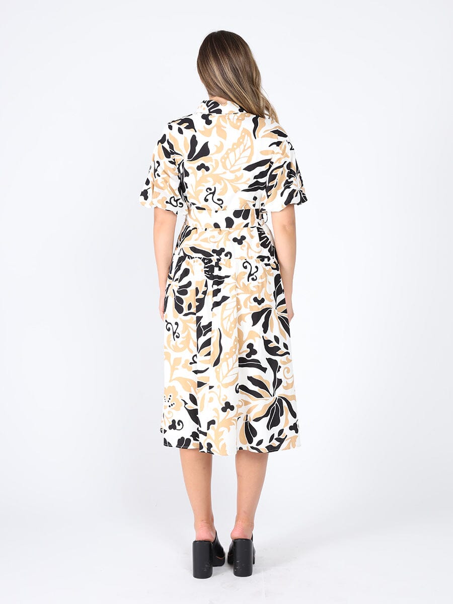 Allover Printed Shirt Collar &amp; Belt Dress DRESS Gracia Fashion 