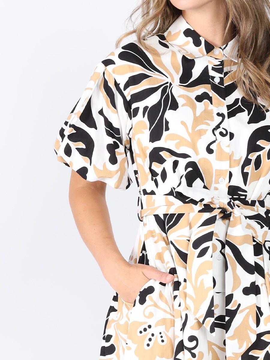 Allover Printed Shirt Collar &amp; Belt Dress DRESS Gracia Fashion 