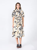 Allover Printed Shirt Collar & Belt Dress DRESS Gracia Fashion BEIGE S 