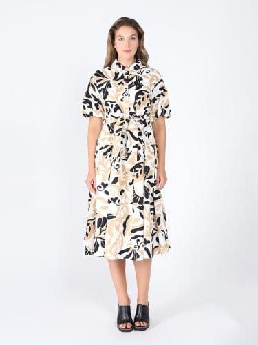 Allover Printed Shirt Collar & Belt Dress DRESS Gracia Fashion 