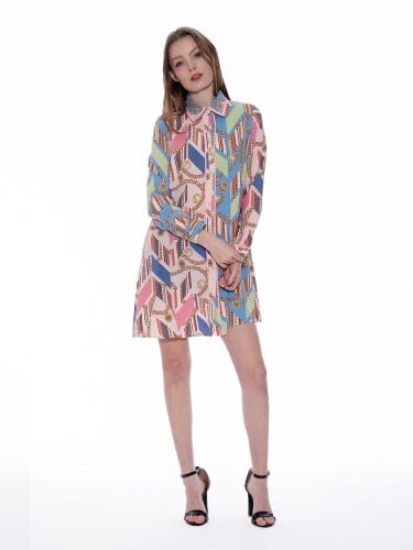 Alternating Color Chain Pattern Shirt Dress DRESS Gracia Fashion PINK S 