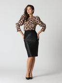 Animal Print Balloonsleeves Top With Back Button TOP Gracia Fashion 