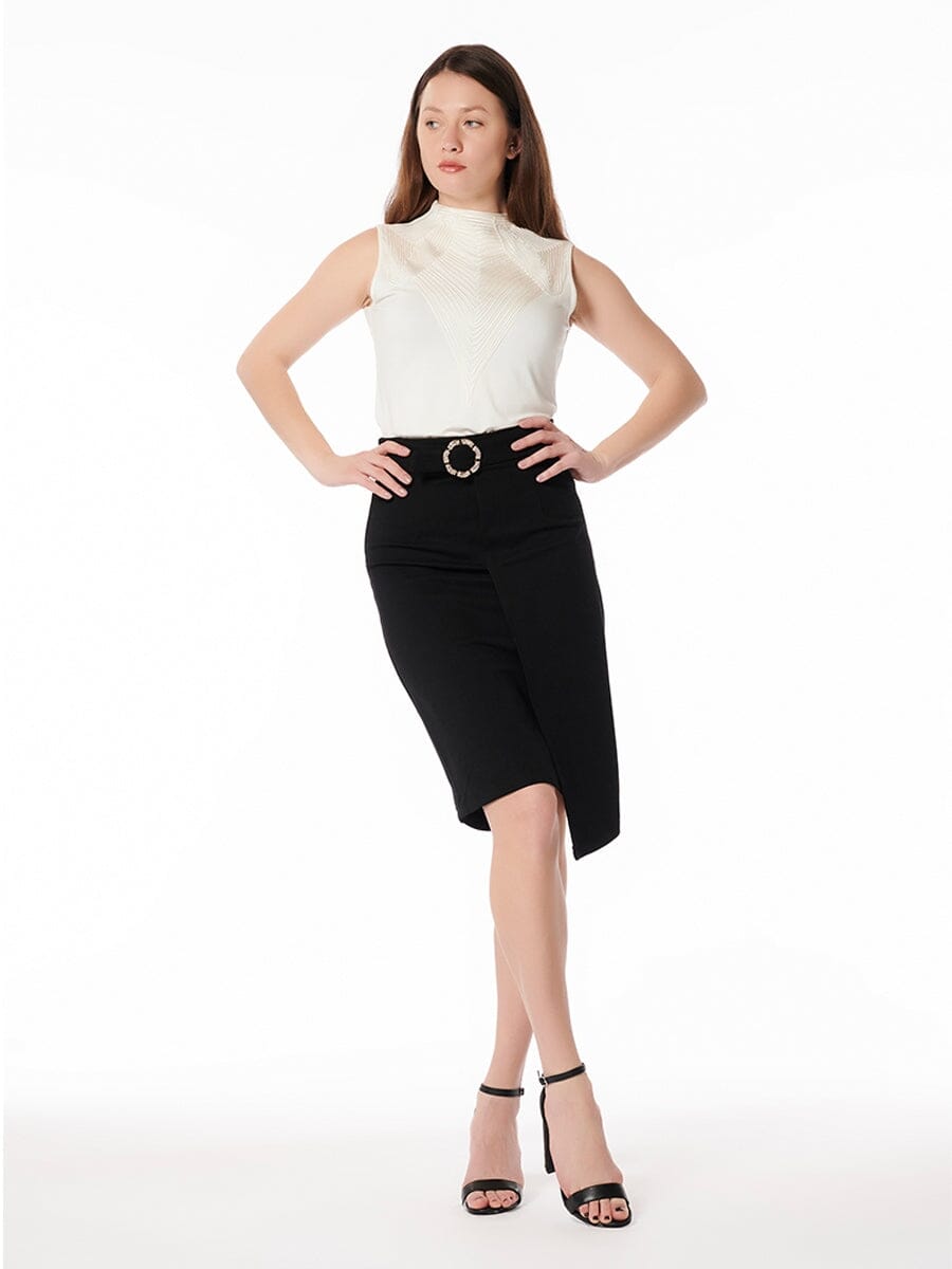 Asymmetric Knee Length Skirt With Embellished Belt SKIRT Gracia Fashion BLACK S 