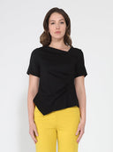 Asymmetrical neck ruched detail solid top TOP Gracia Fashion BLACK S 
