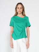 Asymmetrical neck ruched detail solid top TOP Gracia Fashion GREEN S 