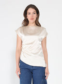Asymmetrical side pleats short sleeve top TOP Gracia Fashion CREME S 