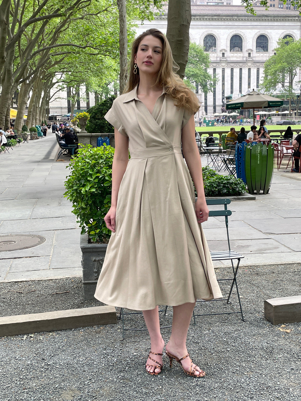 Banded waist short sleeve dress DRESS Gracia Fashion BEIGE S 