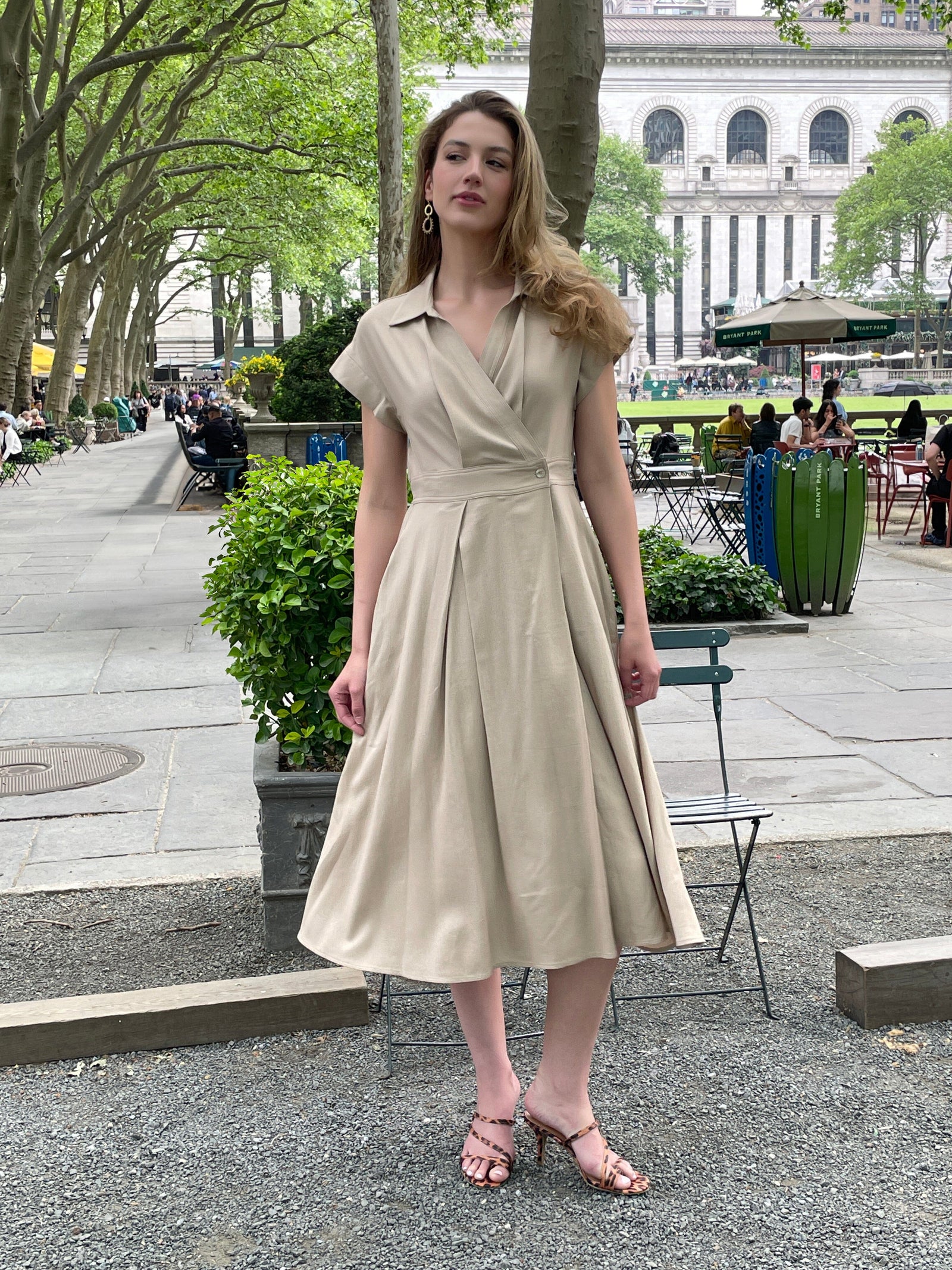 Banded waist short sleeve dress DRESS Gracia Fashion BEIGE S 