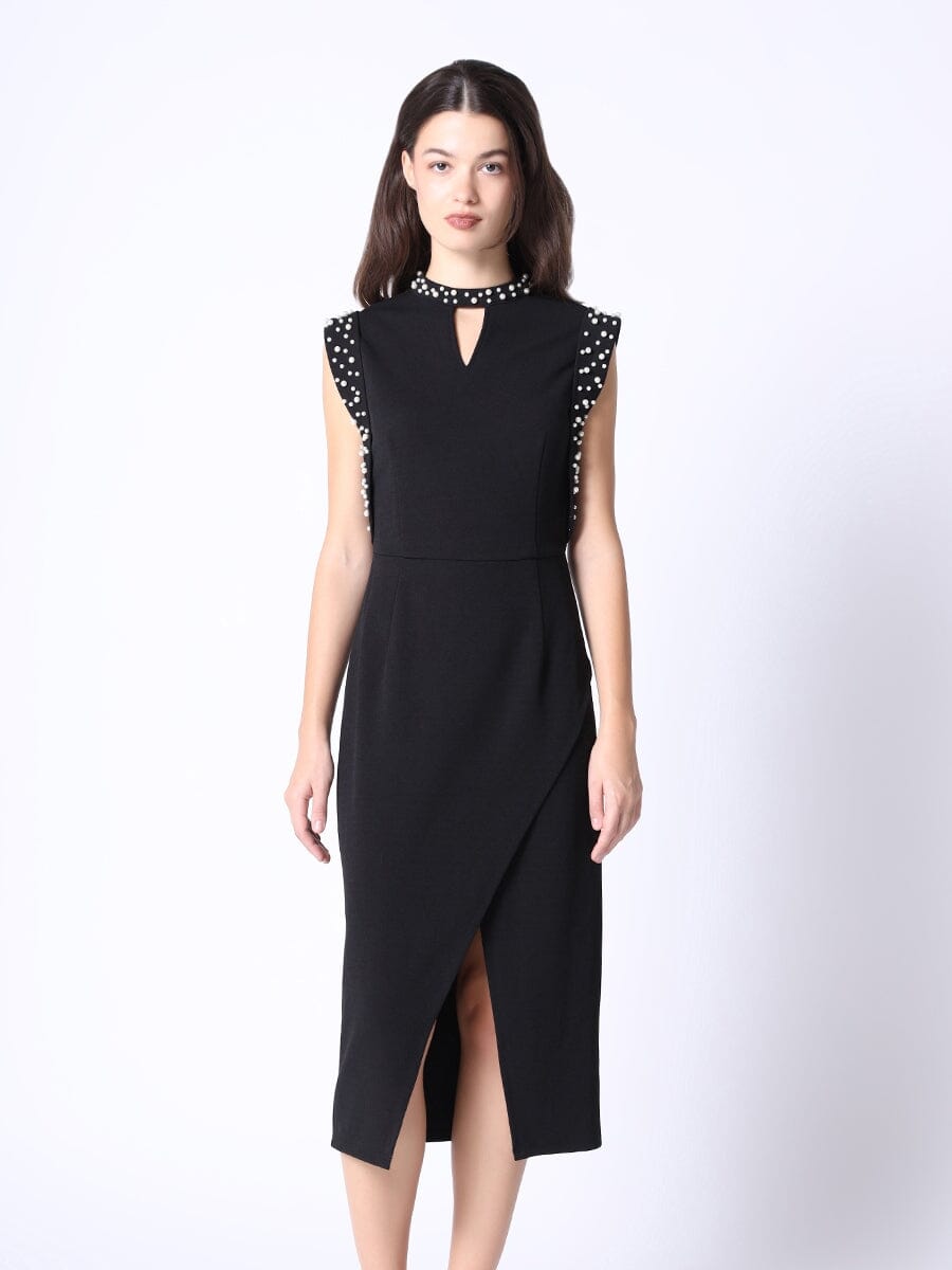 Bead-Embellished Sleeveless Surpliced Slit Dress DRESS Gracia Fashion BLACK S 