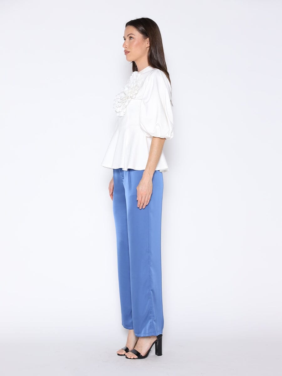 Big Flower Detailed Puff Sleeve Peplum Top TOP Gracia Fashion 