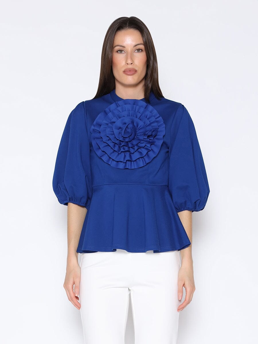 Big Flower Detailed Puff Sleeve Peplum Top TOP Gracia Fashion BLUE S 