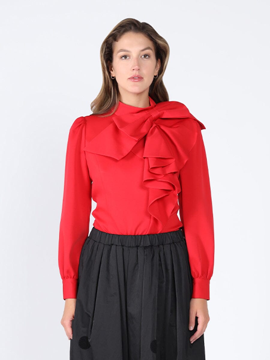 Big Ribbon with Ruffle Point Neck Top TOP Gracia Fashion RED S 