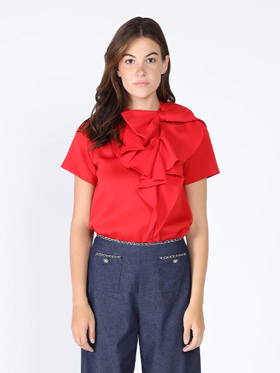 Big Ribbon with Ruffle Short Sleeve Top TOP Gracia Fashion RED S 