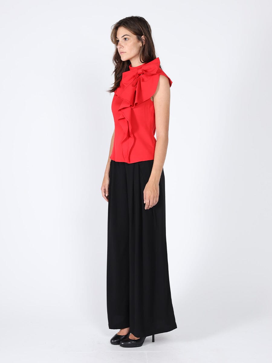 Big Ruffle Ribbon Sleeveless High Neck Blouse TOP Gracia Fashion 