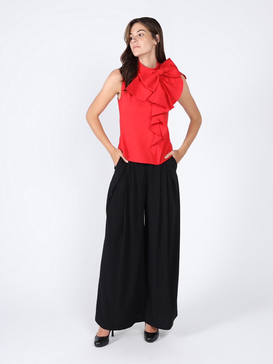 Big Ruffle Ribbon Slleeveless High Neck Blouse TOP Gracia Fashion RED S 