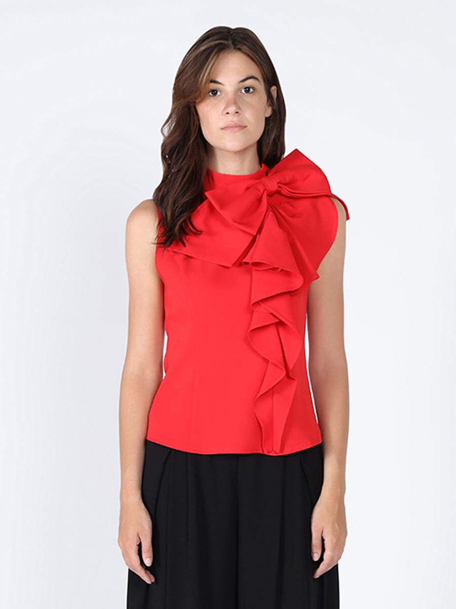 Big Ruffle Ribbon Slleeveless High Neck Blouse TOP Gracia Fashion RED S 