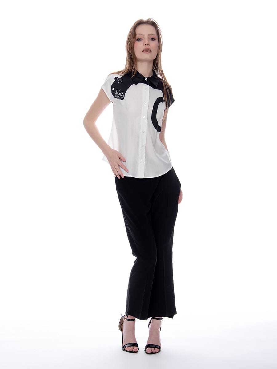Black Panter Embellished Cap Sleeve Shirt TOP Gracia Fashion WHITE S 