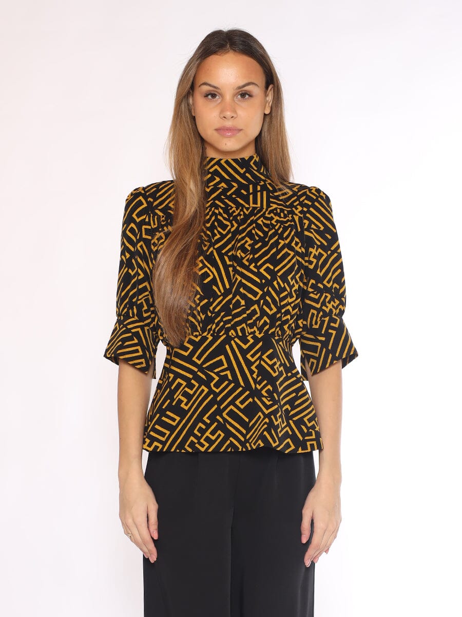 Black &amp; Yellow Top with 3/4 Sleeves TOP Gracia Fashion BLACK/YELLOW S 