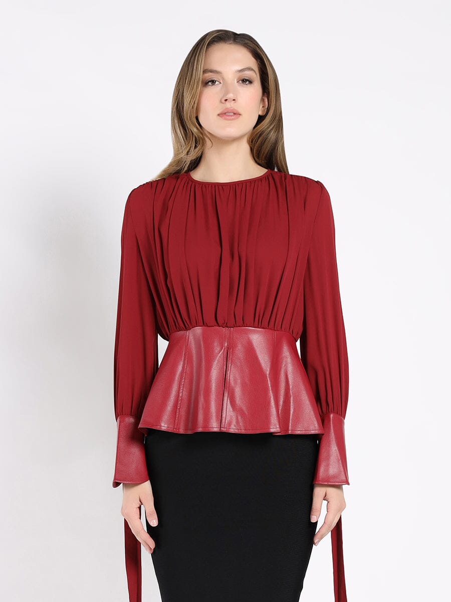 Blouse with Leather Cuffs and Peplum Bottom TOP Gracia Fashion 