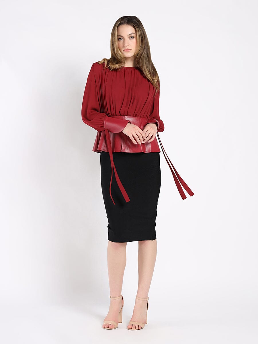 Blouse with Leather Cuffs and Peplum Bottom TOP Gracia Fashion 